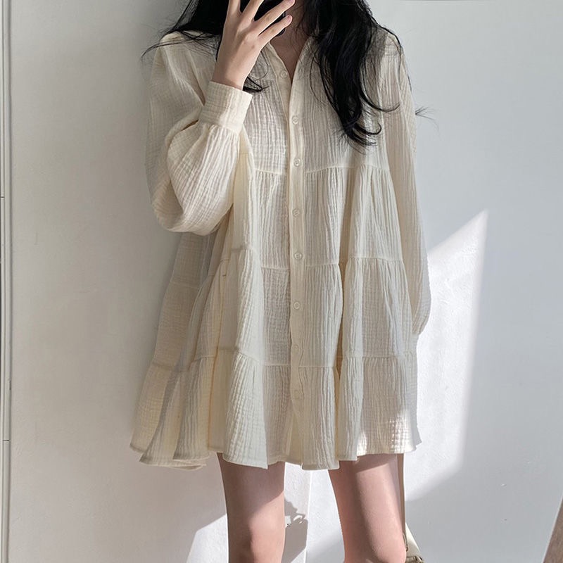 韓國chic春季簡約氣質翻領褶皺感寬鬆單排扣泡泡袖短款娃娃連衣裙