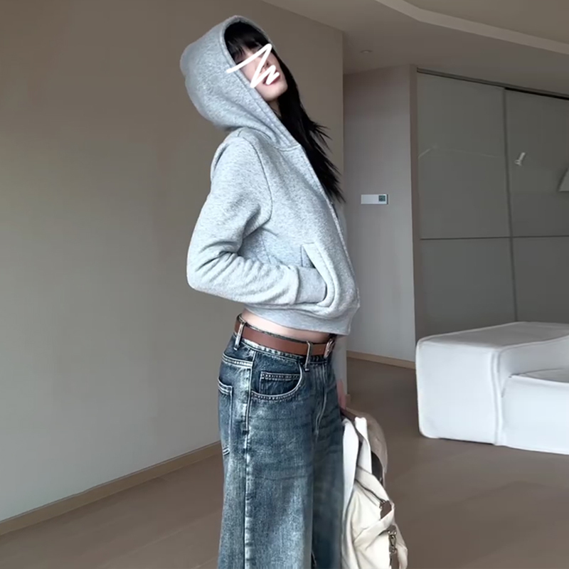 Gray sweatshirt short coat for women spring and autumn 2023 new American retro high-end casual long-sleeved top