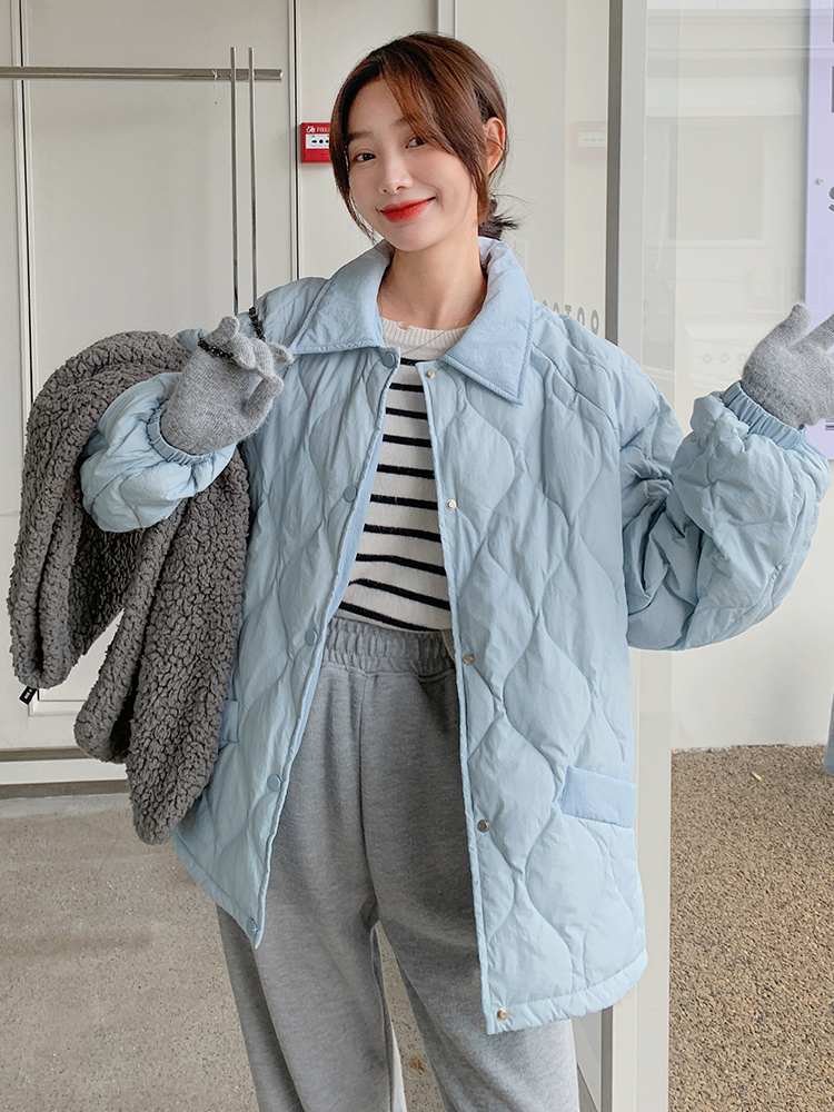 Light Blue Diamond Light Thin Cotton Jacket for Women Winter 2023 New Korean Style Loose Casual Short Cotton Jacket