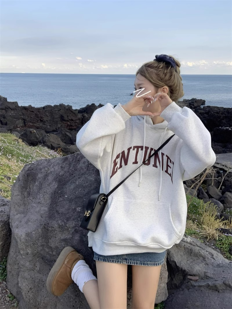 2023 American letter printed long-sleeved hooded sweatshirt for women winter velvet thickening loose versatile top trendy