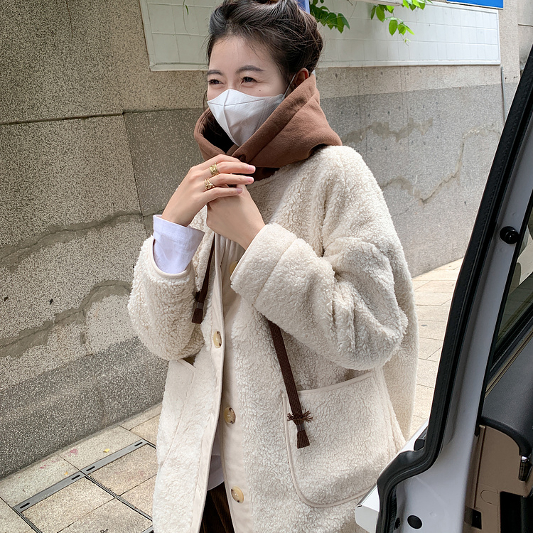 New commuter versatile wool lamb hooded long-sleeved cardigan coat for women in autumn and winter small single-breasted short coat for women