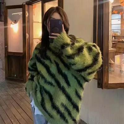 設計感小眾斑馬紋毛衣女秋冬加厚寬鬆慵懶風軟糯馬海毛針織衫上衣