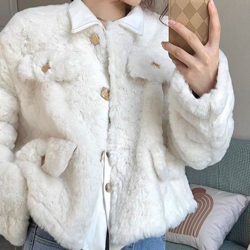 2023 Autumn and Winter Women's Tops Lamb Wool Imitation Rabbit Fur Imitation Fur Short Square Button Jacket Versatile Thickened Small Fragrant Style Jacket