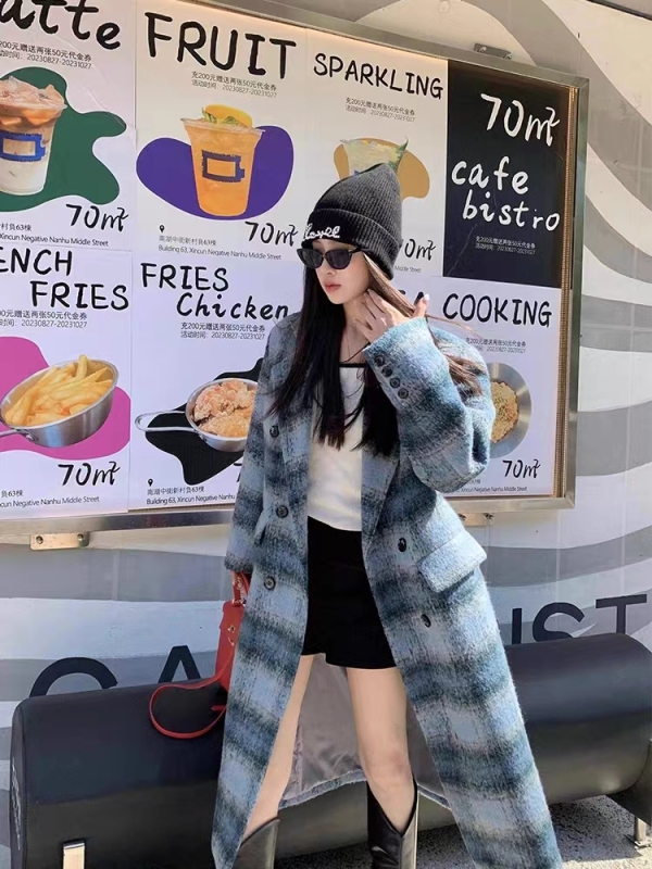 Blue plaid woolen coat for women winter mid-length woolen top coat