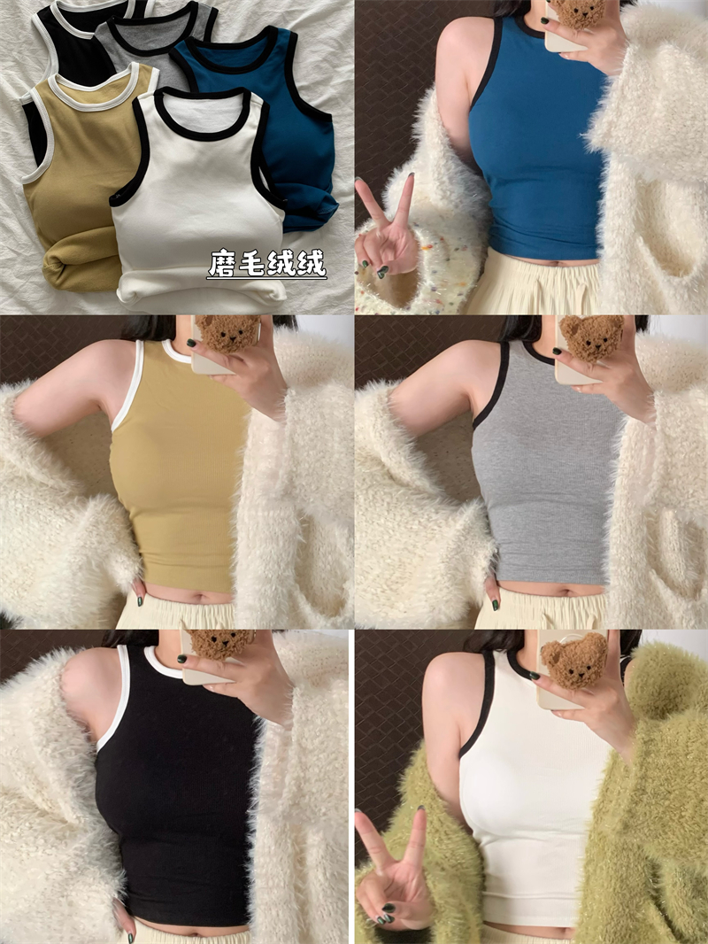 實拍秋冬磨毛加絨保暖帶胸墊背心打底撞色顯瘦高領內搭上衣
