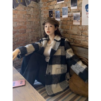 Loose slim woolen coat for women autumn and winter plaid suit woolen coat