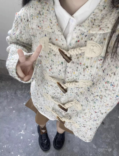 Colorful idea yarn ox horn buttons open sweater women spring summer new POLO collar loose lazy style knit sweater outerwear