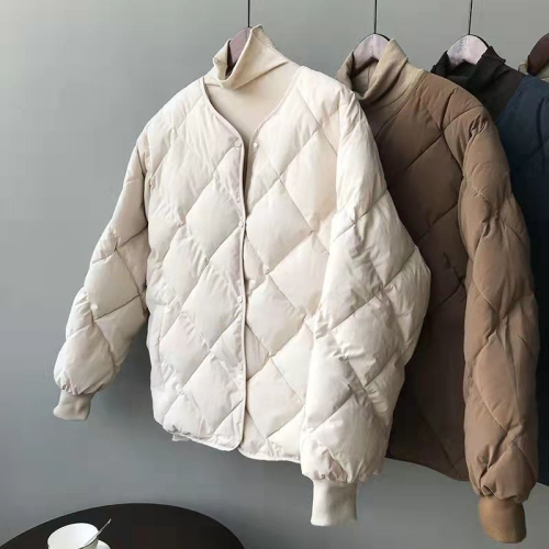  Spring and Autumn New Down Jacket Women's Short Lightweight Collarless Japanese Diamond Plaid Cotton Jacket Casual Trendy Jacket