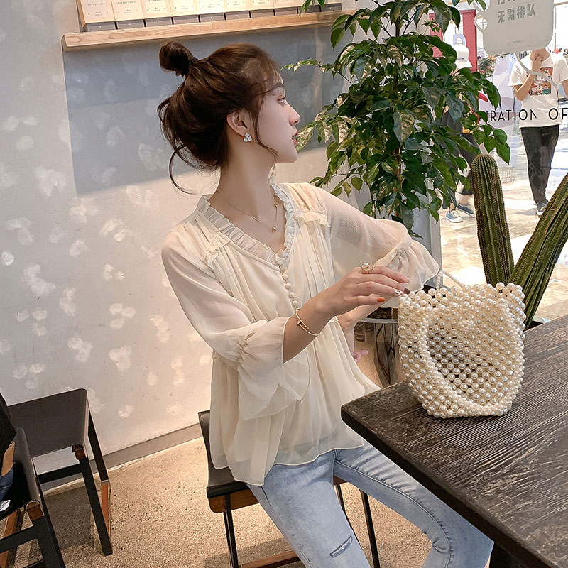 很仙的雪紡衫女新款2023秋七分袖洋氣超仙心機設計感小眾上衣潮
