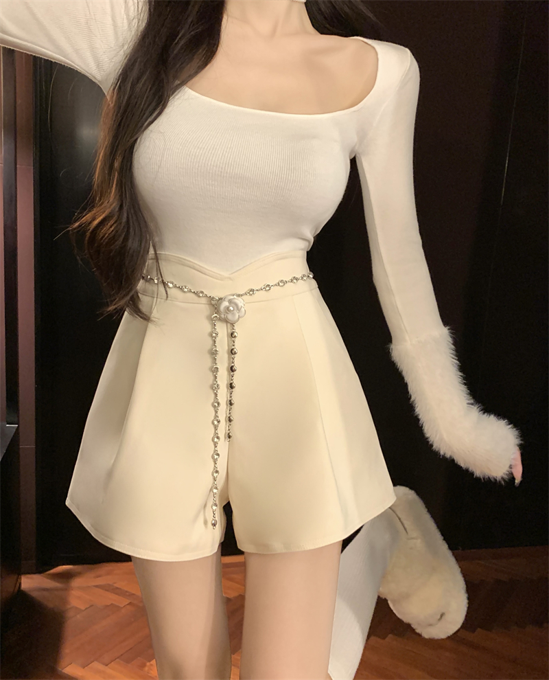 實拍~毛呢高腰短褲女2023秋冬設計腰百搭靴褲寬鬆闊腿休閒褲