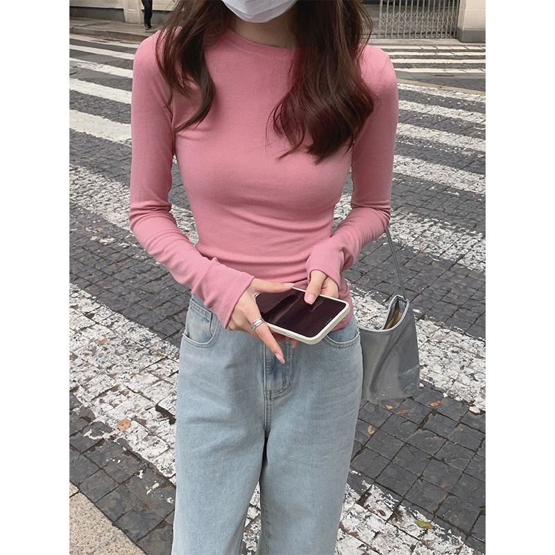 實拍純欲風羊絨打底衫女秋冬季純色長袖t恤修身顯瘦粉色上衣