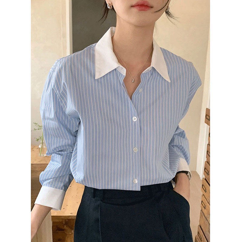 韓國chic春季小眾氣質撞色翻領寬鬆休閒百搭長袖條紋襯衫上衣女
