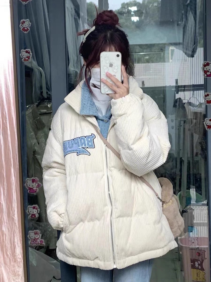 2023 new winter style Japanese corduroy fake two-piece spliced ​​cotton coat for female students loose stand-up collar bread coat and cotton-padded jacket