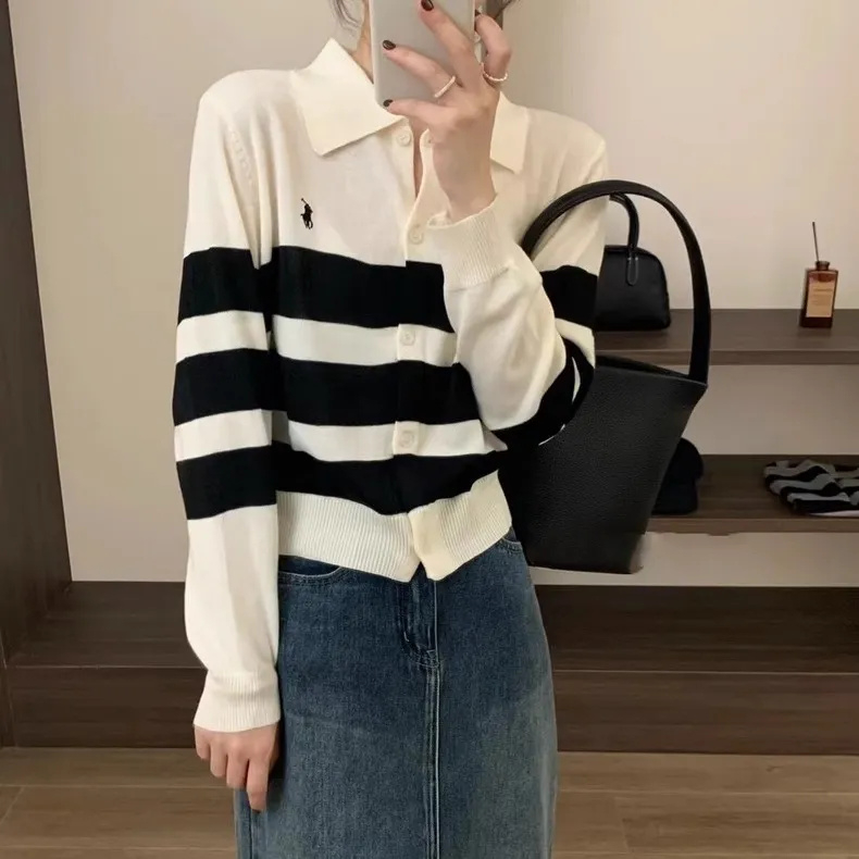Knitted Korean style contrast color women's 2023 autumn and winter new Korean style women's striped cardigan lapel sweater