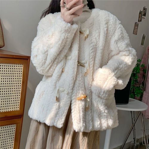 Autumn and winter small fragrant style imitation lamb fur coat for women fur integrated round neck rabbit fur mink fur coat