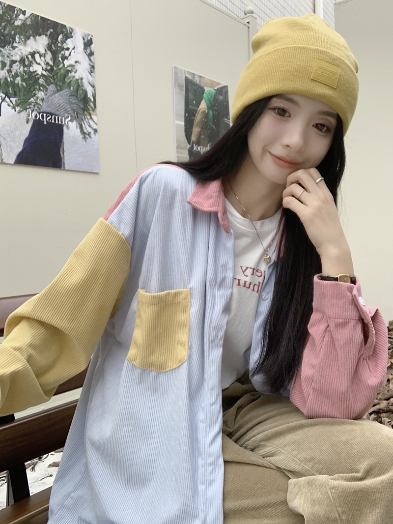 彩色拼接燈芯絨襯衫休閒小眾襯衣外套女2023年秋冬設計感百搭上衣