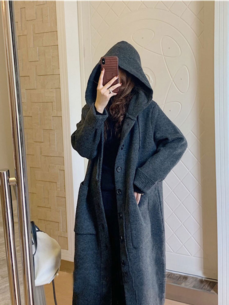 毛衣外套加厚長款過膝慵懶秋冬新款帶帽上衣灰色連帽針織衫女