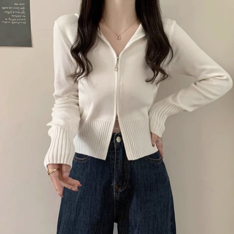白色雙拉鏈連帽針織開衫女早秋新款修身小個子短款打底衫內搭上衣