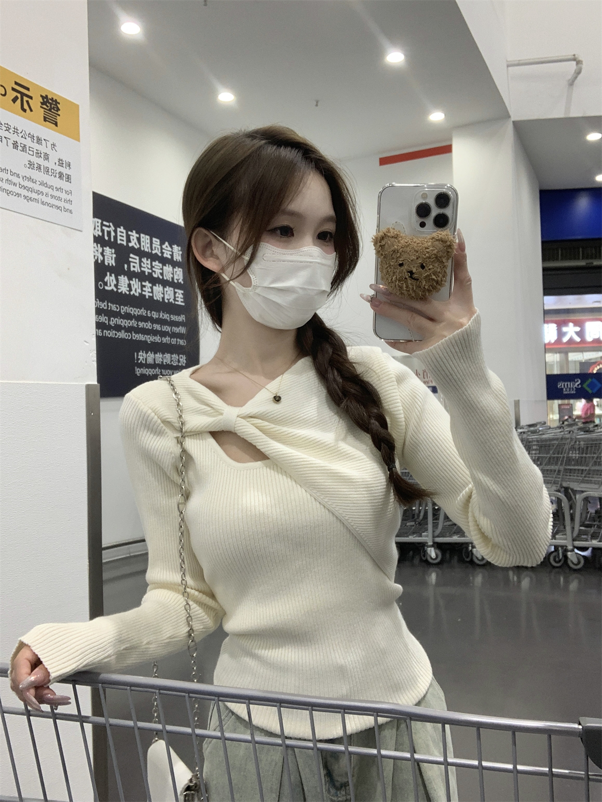 實拍 秋冬韓版修身甜美蝴蝶結鏤空設計感安迪絨針織打底毛衣