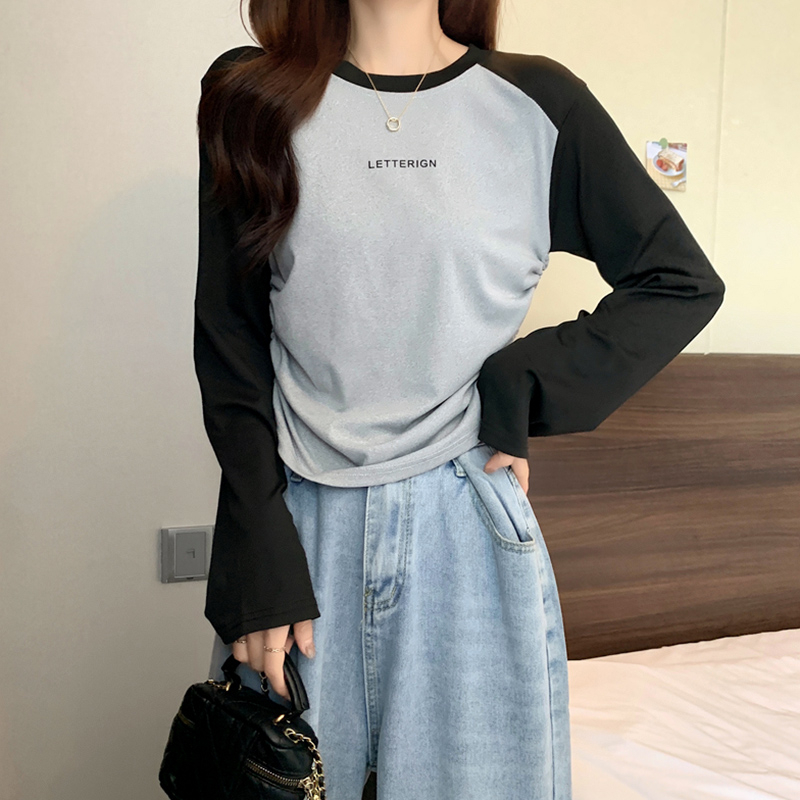 Plus size women's new autumn simple contrasting color drawstring design round neck long sleeve round neck T-shirt top