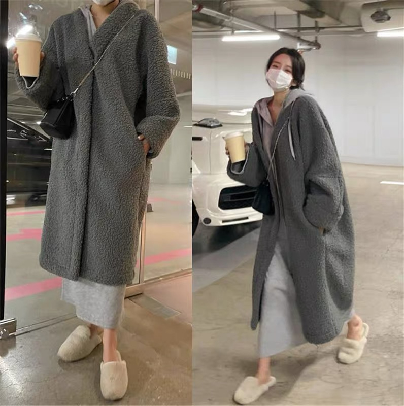新款羊羔絨韓國長款灰色拉鏈拼接帽子假兩件過膝洋氣開衫秋冬外套