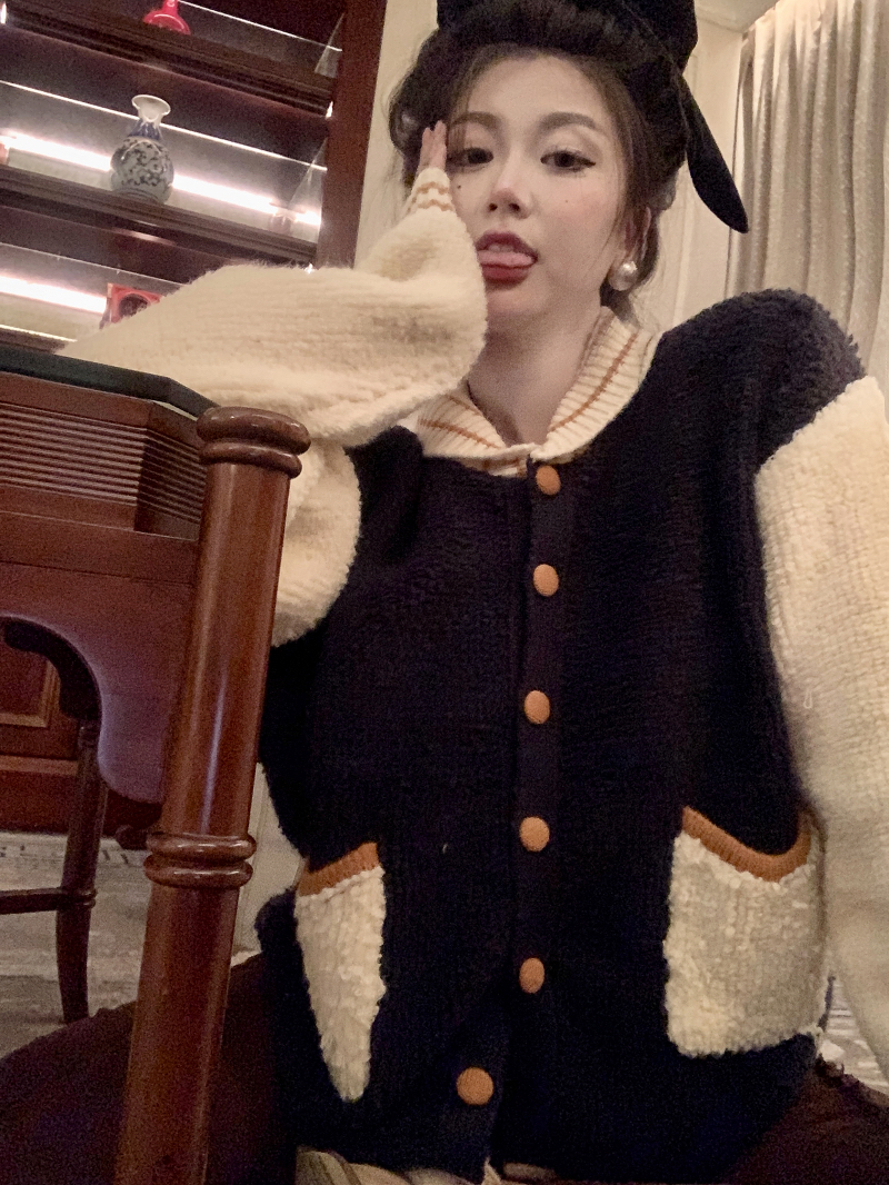 實拍 柿柿如意 厚實羊羔毛棒球服針織開衫外套女秋冬毛衣上衣