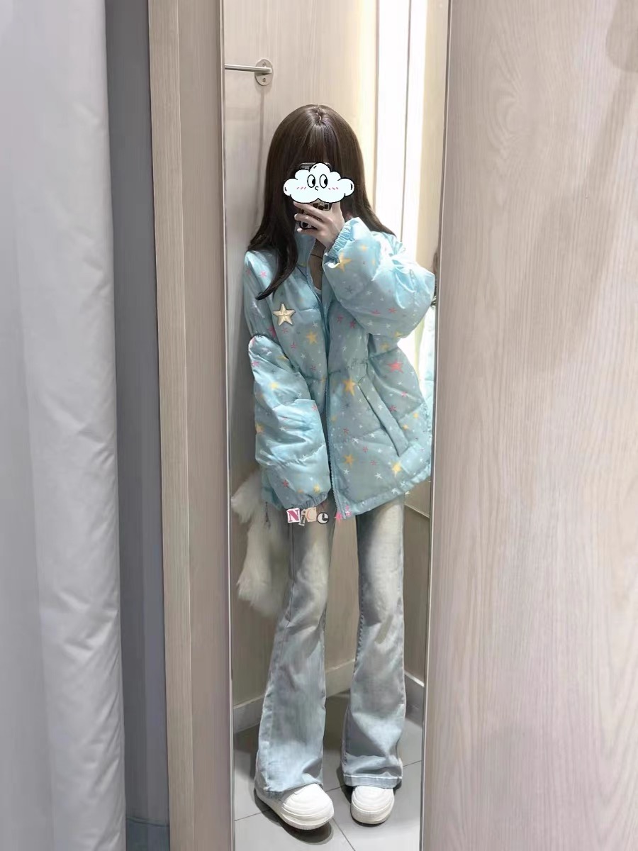 American trendy brand colorful all-over star printed cotton padded jacket for women 2023 autumn and winter new style thickened warm cotton coat