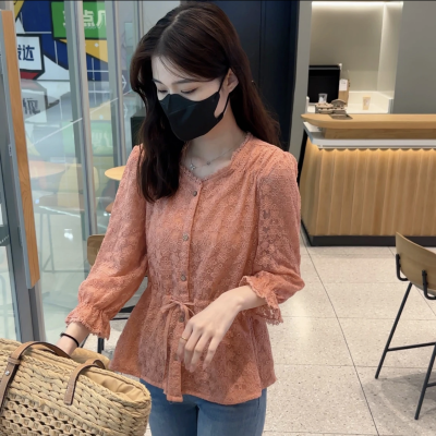 韓國文藝秋裝新款女寬鬆蕾絲衫收腰抽繩寬鬆娃娃衫高腰女長袖襯衫