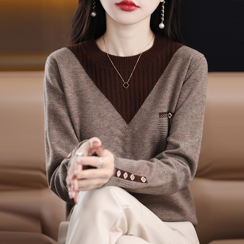 圓領撞色針織羊毛衫女秋冬內搭2023新款設計感時尚寬鬆打底毛衣女