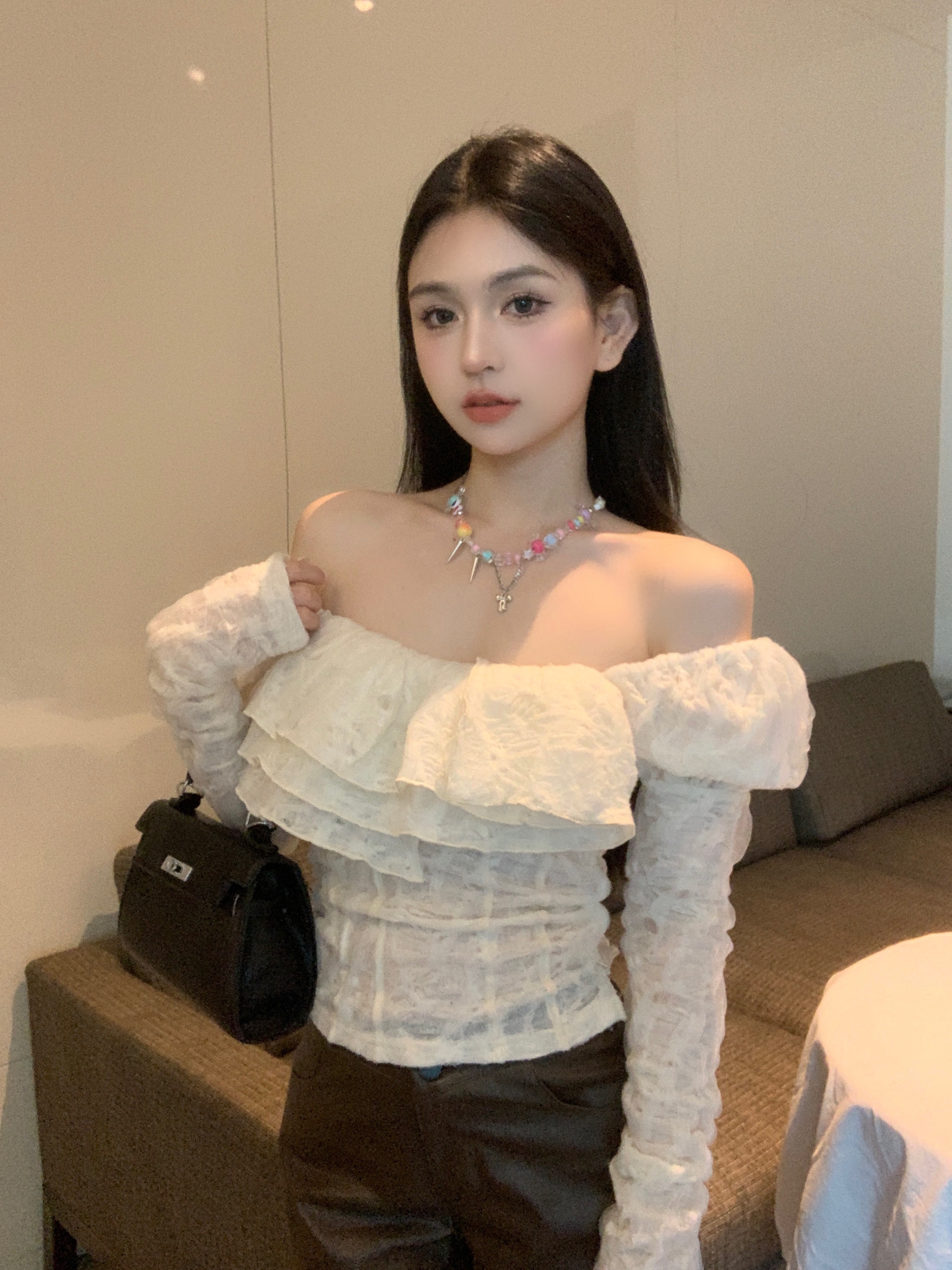 實拍 蕾絲性感氣質小眾設計感一字肩修身上衣女