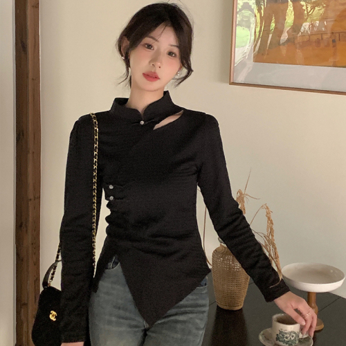 Real shot of high-end new Chinese style national style long-sleeved T-shirt for women in spring and autumn design retro slim inner top