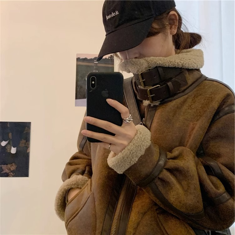 皮毛一體羊羔毛外套女2023新款冬季麂皮絨機車服夾克羊羔絨棉服