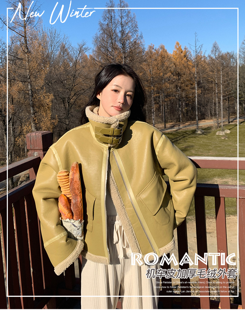 pu leather jacket women's winter short fur all-in-one 2023 new style small lamb wool splicing thickened motorcycle jacket