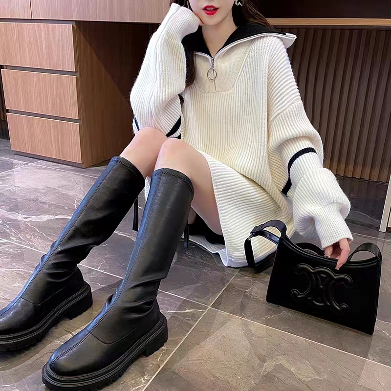 加厚中長款高領毛衣女設計感2023新款秋季拼色寬鬆慵懶風上衣外穿