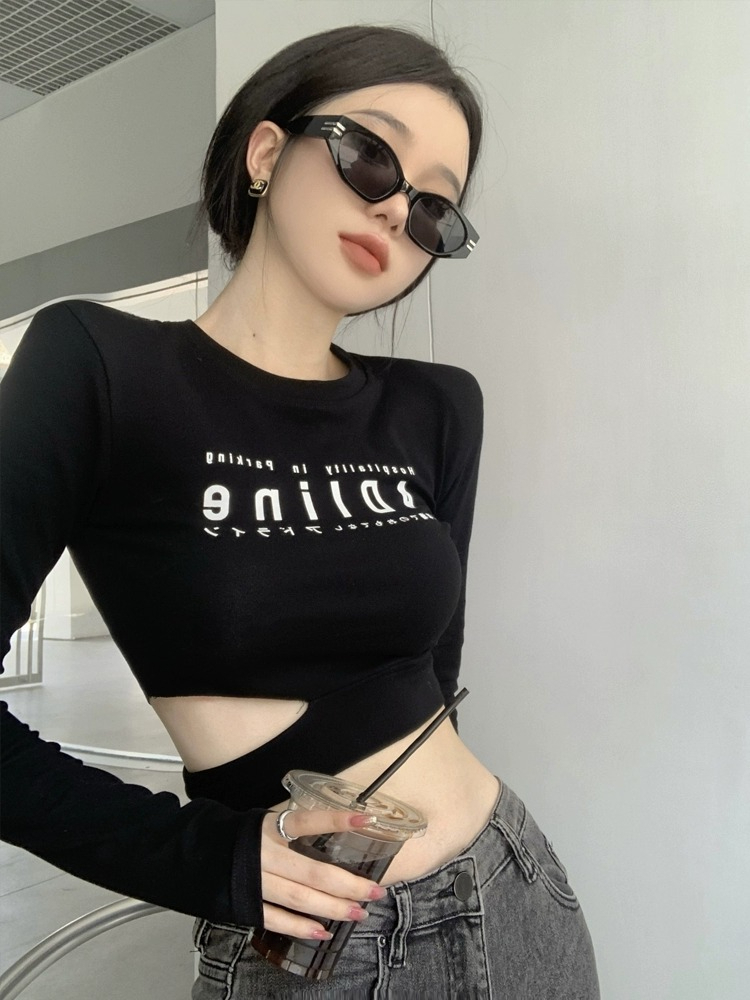 Pure sexy hottie long-sleeved T-shirt for women with autumn slimming design and short crop top