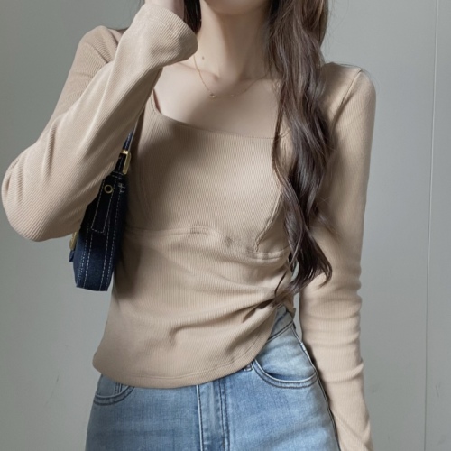 Actual shot Korean style square collar waist slimming T-shirt slim fit versatile threaded long-sleeved top