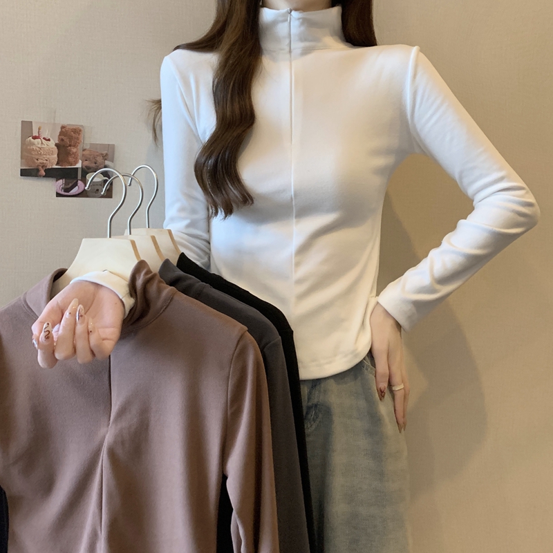 實拍 高腰短款緊身polo拉鏈長袖T恤打底衫冬女內搭薄絨正肩上衣