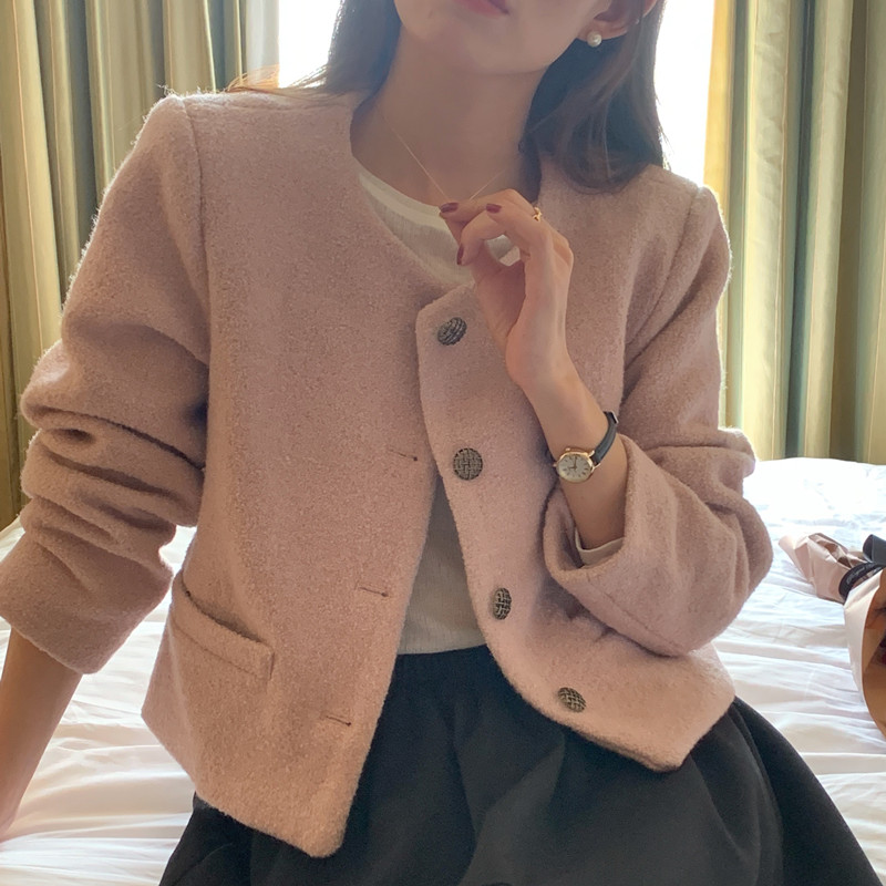 實拍 甜蜜少女粉~ 氣質小香風圓領單排扣毛呢外套西裝上衣