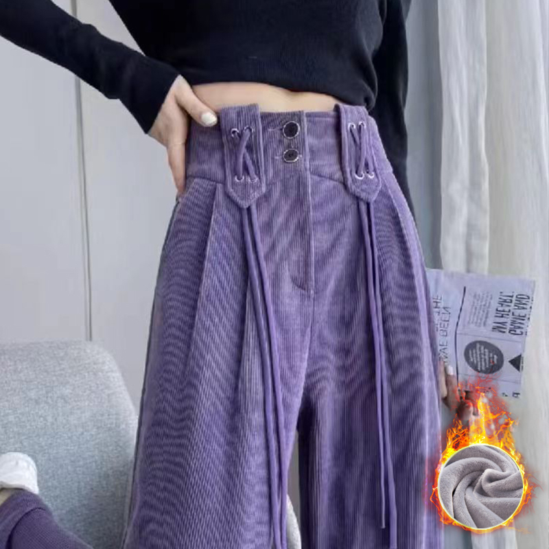 加絨加厚紫色燈芯絨褲子女秋冬季設計感高腰垂感綁帶雪尼爾闊腿褲