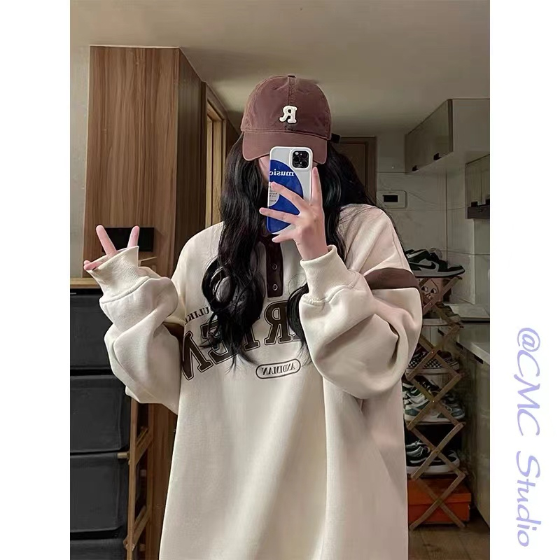 260克大魚鱗薄款 時尚超火美式復古撞色長袖衛衣女polo翻領上衣潮