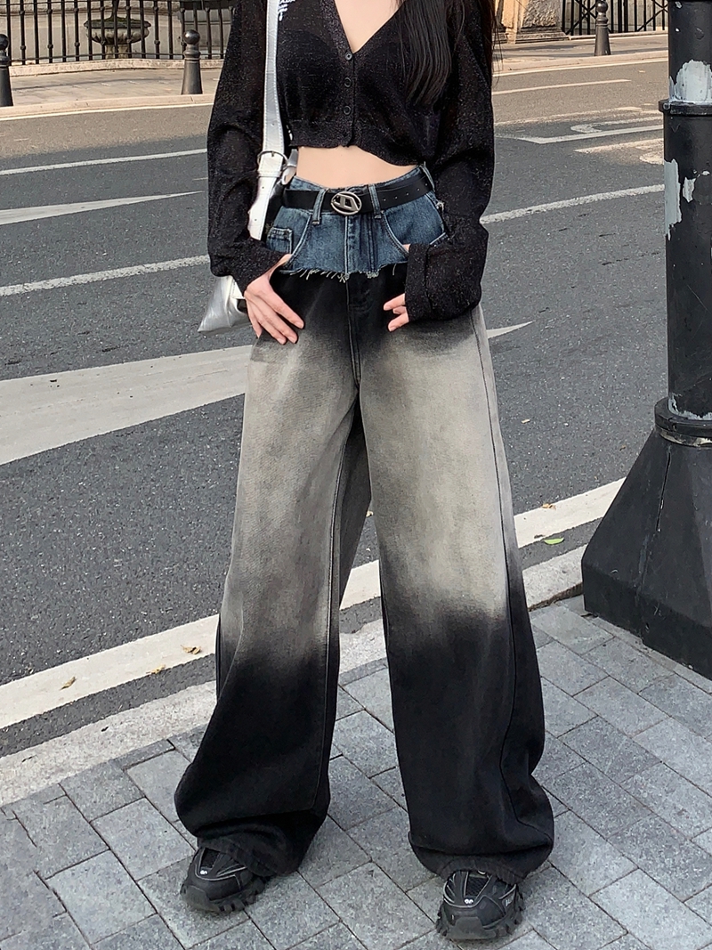 實拍#高腰牛仔長褲女拼接撞色設計感復古水洗拖地闊腿褲子