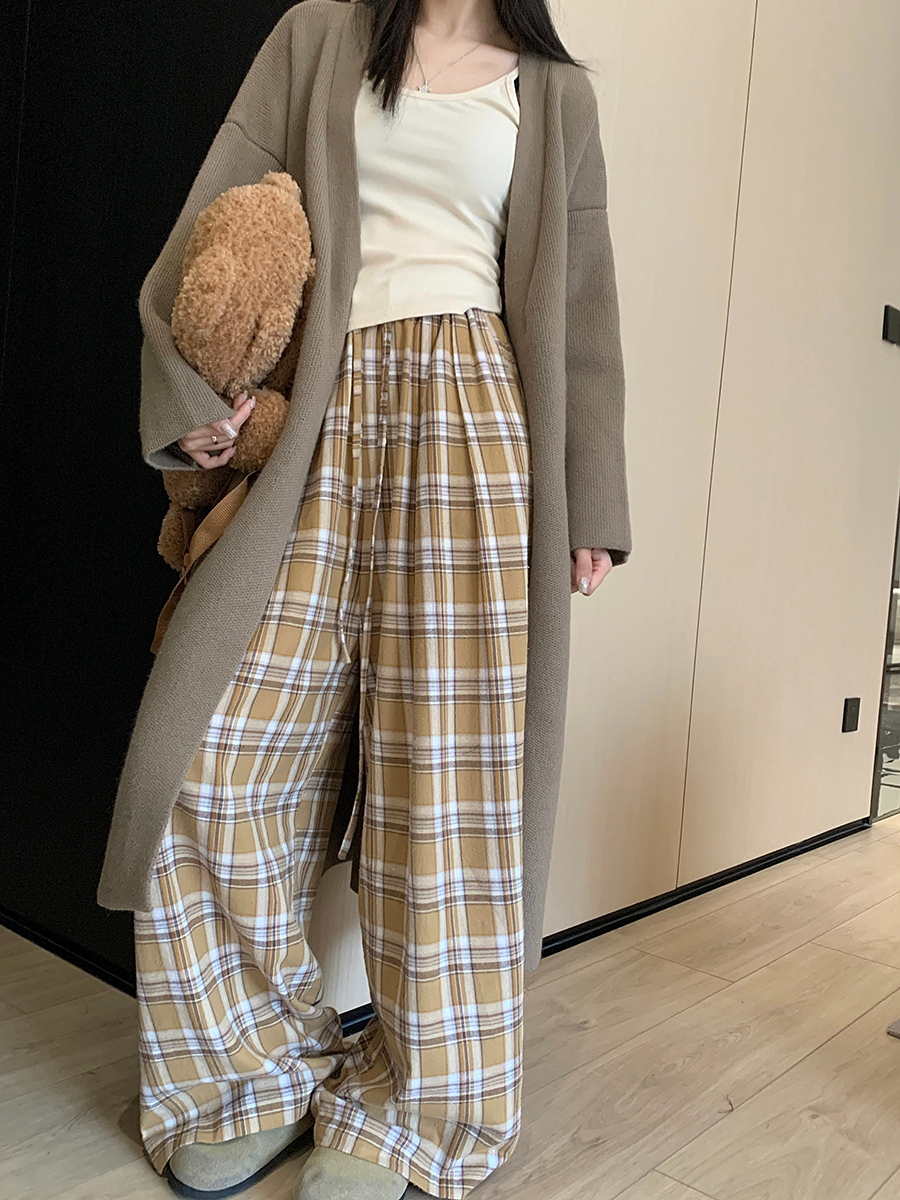 美拉德風休閒褲女秋冬小個子高腰直筒闊腿褲子紅色格子遛彎褲長褲