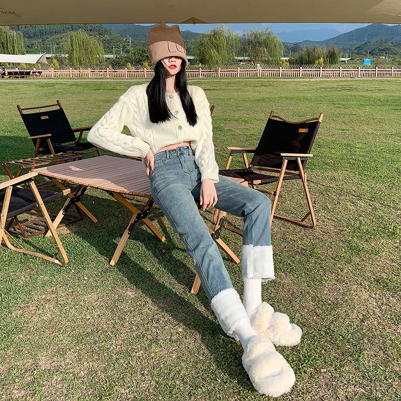 實拍2023秋季時尚潮流拼接修身直筒美式復古牛仔褲女