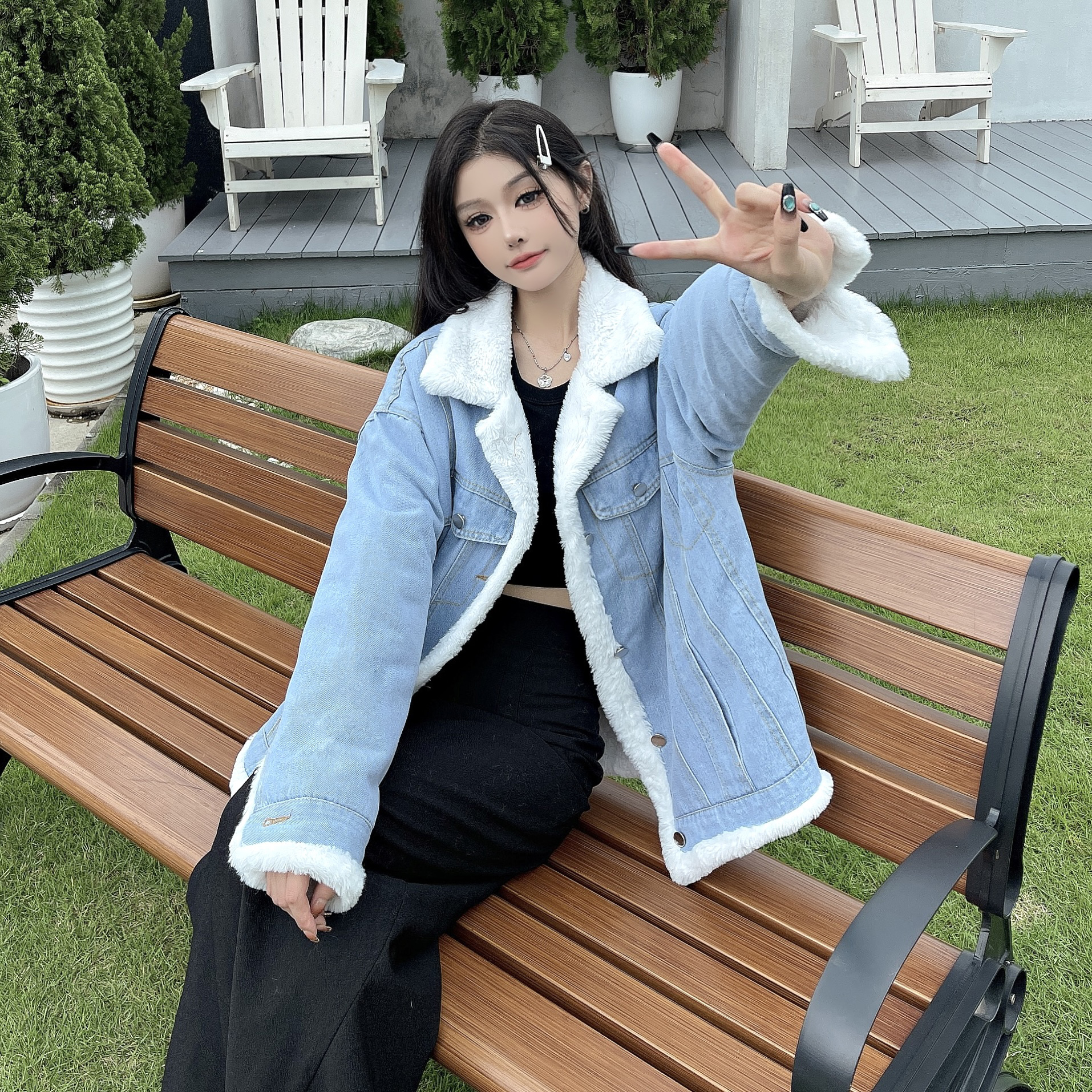 實拍！兩面穿牛仔外套女冬季韓版bf寬鬆加絨加厚棉服派克大衣