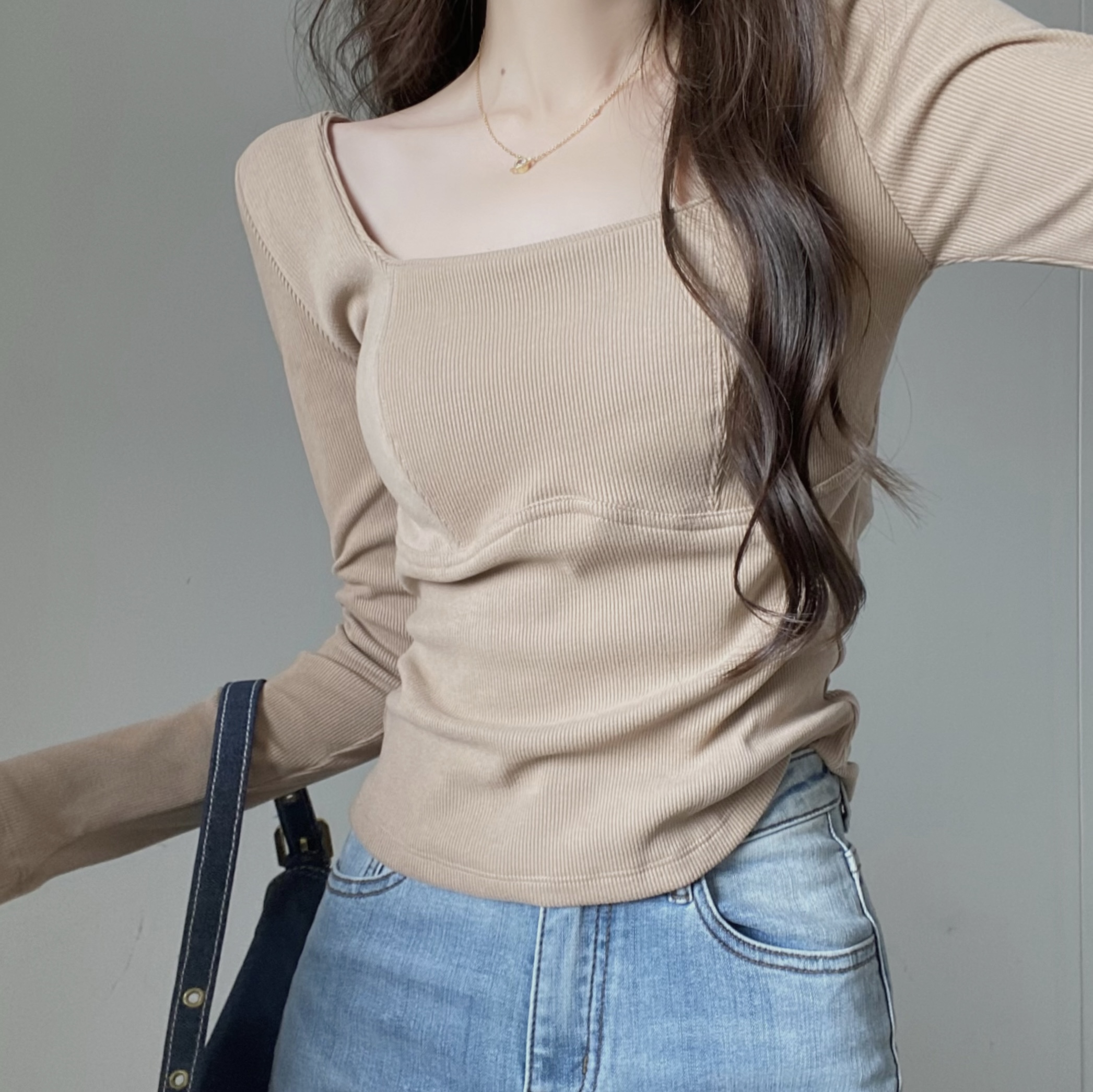 Actual shot Korean style square collar waist slimming T-shirt slim fit versatile threaded long-sleeved top