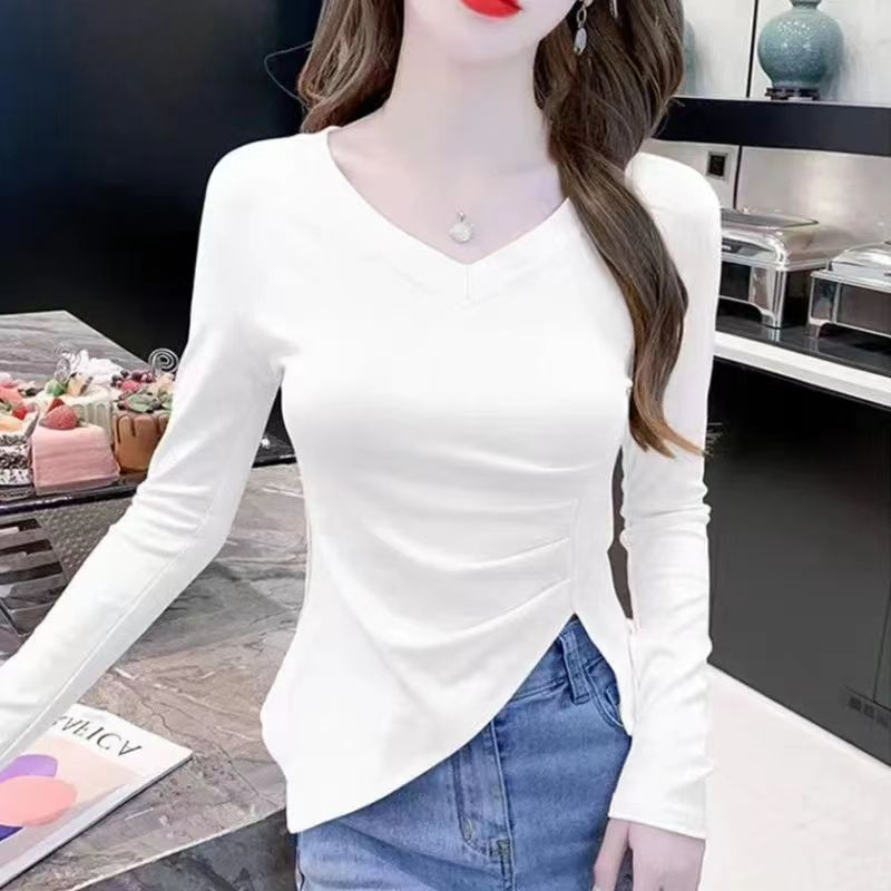 V-neck shoulder padded bottoming shirt for women spring 2023 new irregular slit top black with slim long-sleeved T-shirt