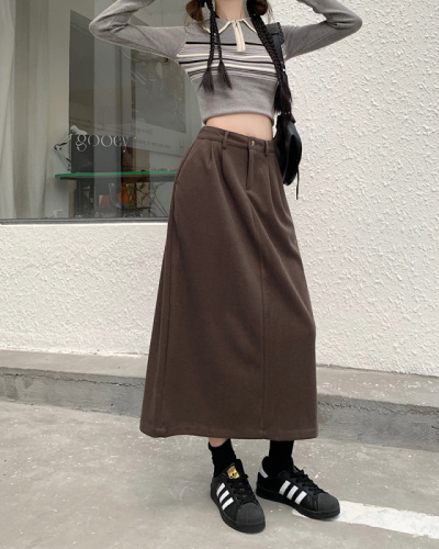 Actual shot of retro woolen skirt for women, high-waisted, slim, loose, mid-length, A-line skirt, free belt