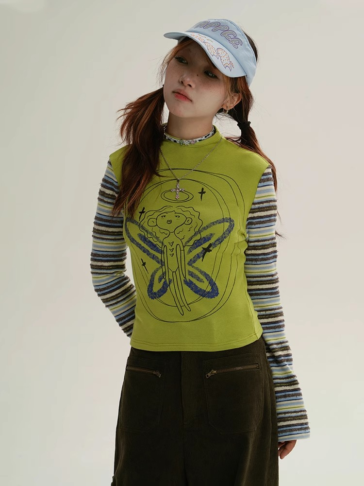 Official photo Long-sleeved T-shirt with striped sleeves and contrasting colors 2023 new Korean style fashionable slim top for women bottoming shirt