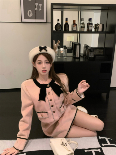 Real shot~French lady style high-end temperament pink wool small fragrance style suit skirt women's autumn and winter coat