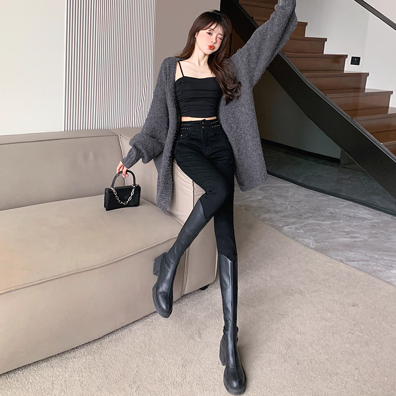 實拍2023秋季時尚潮流拼接修身小腳鉛筆褲復古牛仔褲女
